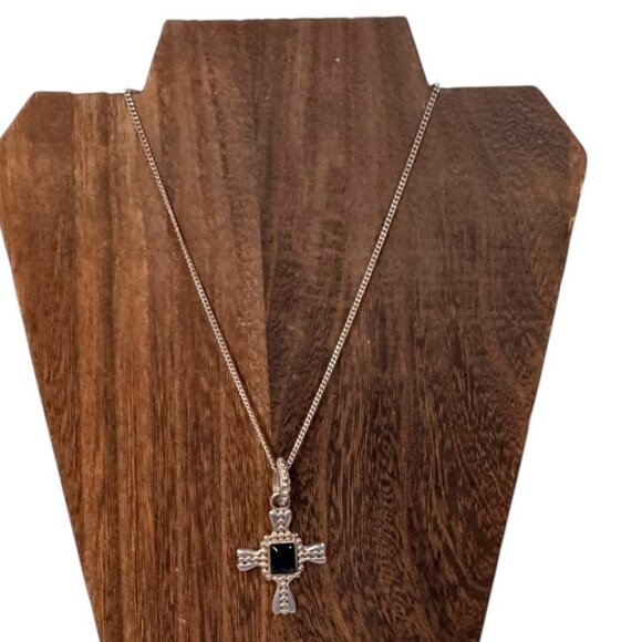 Sterling Silver Cross Pendant Necklace Black Onyx Stone Chain Necklace Italy 925